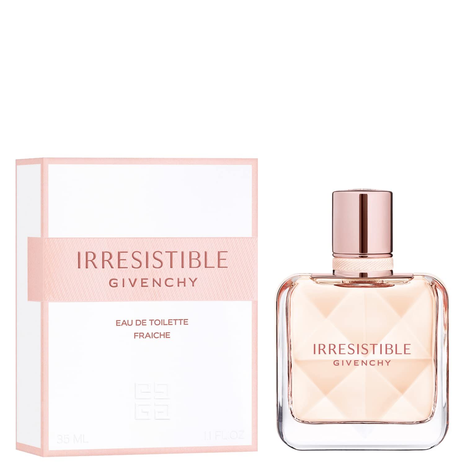 Parfumflesje en verpakking Irresistible Givenchy Eau de Toilette Fraîche. Vierkante vorm, roze verpakking.