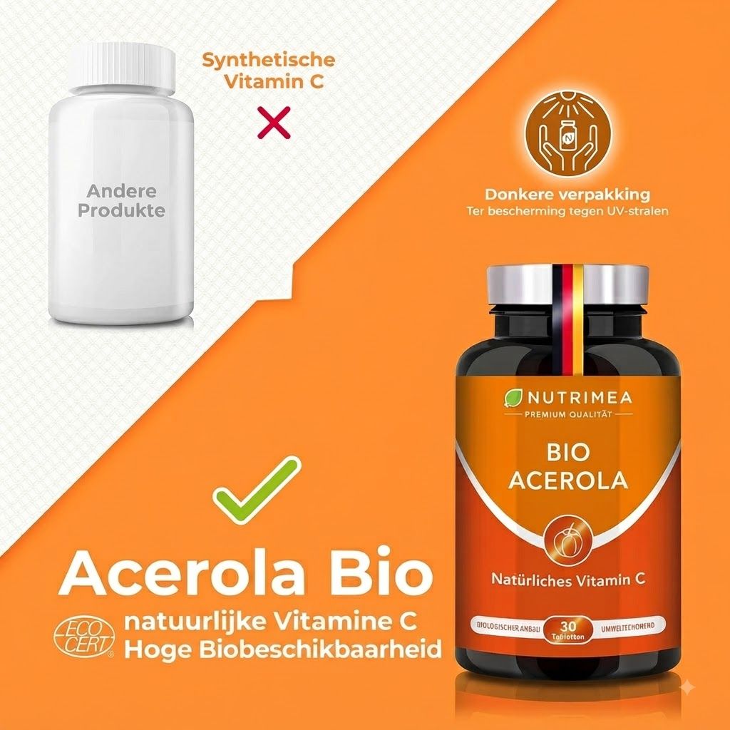 Nutrimea Bio Acerola fles met natuurlijke vitamine C, donkere verpakking ter bescherming tegen UV-stralen.
