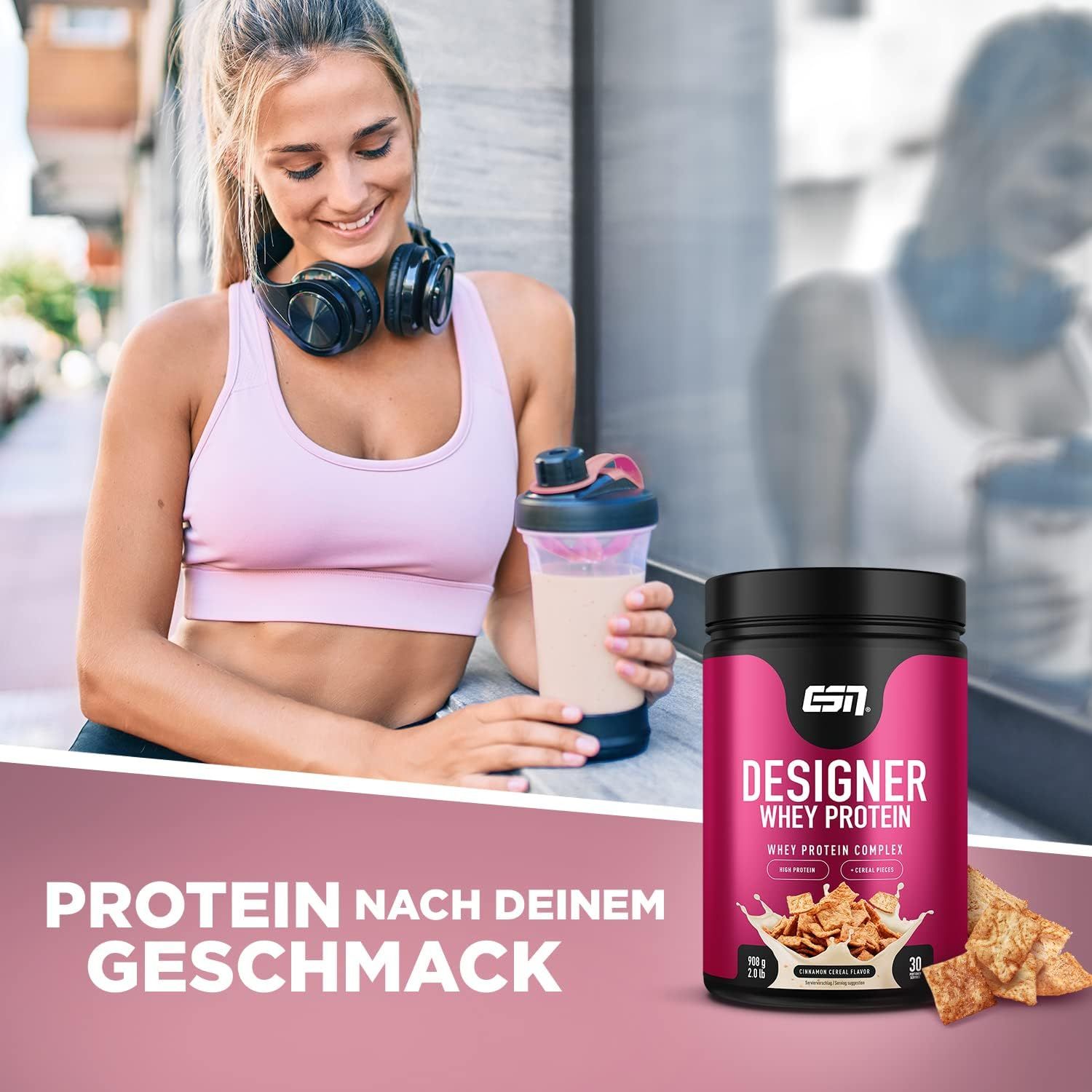 Femme avec shaker et pot ESN Designer Whey Protein. Texte : Protéines à votre goût.
