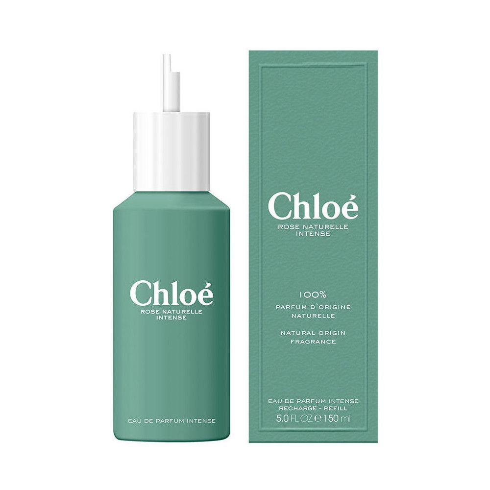 Groene flacon en verpakking. Opschrift: Chloé Rose Naturelle Intense. 150 ml. Navulbaar.