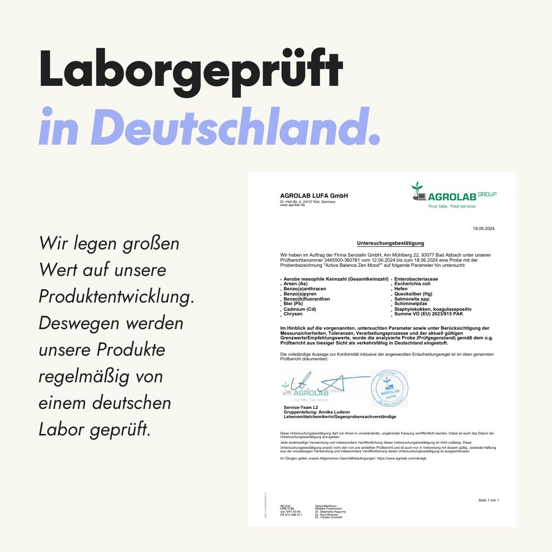 Laboratorium getest in Duitsland. Document met handtekeningen. Tekst: Wij hechten veel waarde aan onze productontwikkeling. Regelmatige controle.