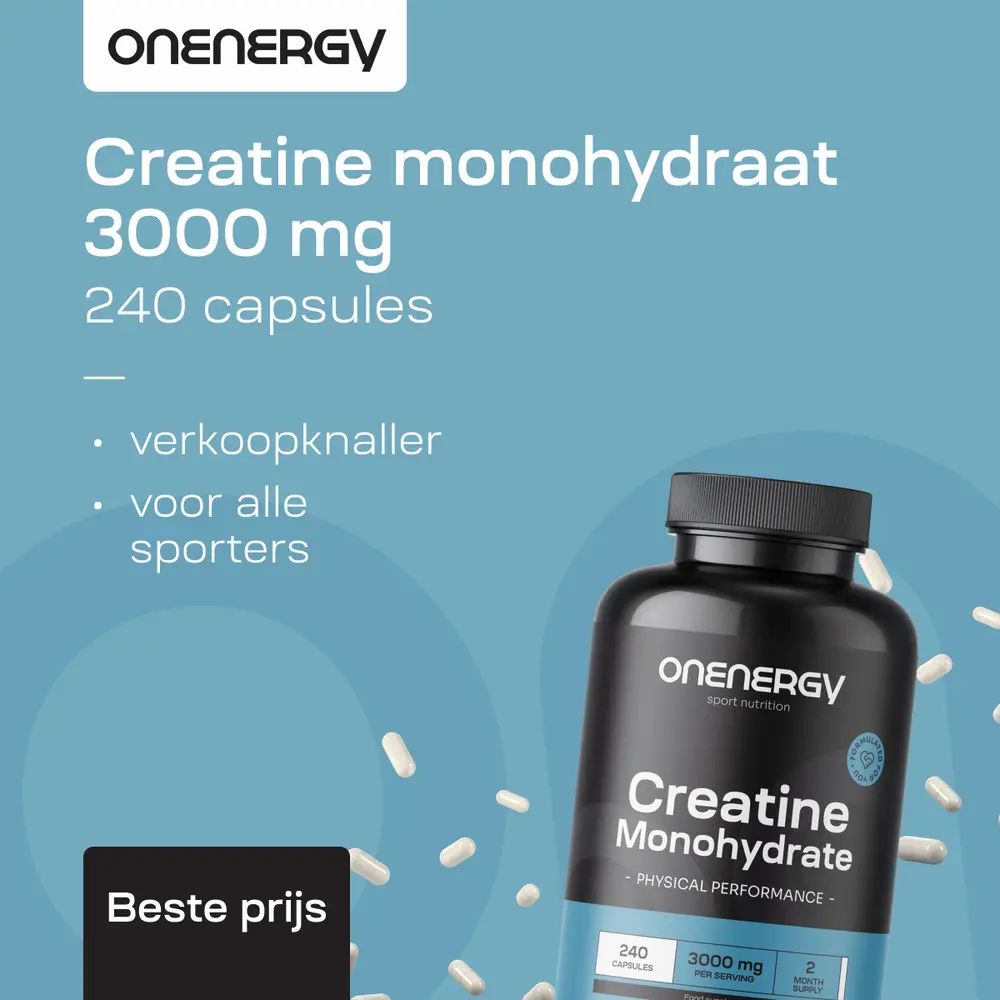 Fles met Creatine Monohydrate. Tekst: Creatine monohydraat 3000 mg, 240 capsules. Bestseller, voor alle sporters.