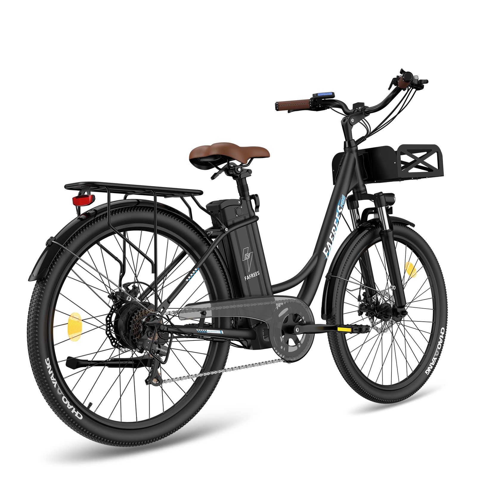 Vélo électrique noir avec selle et guidon marron. Panier avant, porte-bagages arrière. Marque Fafrees.