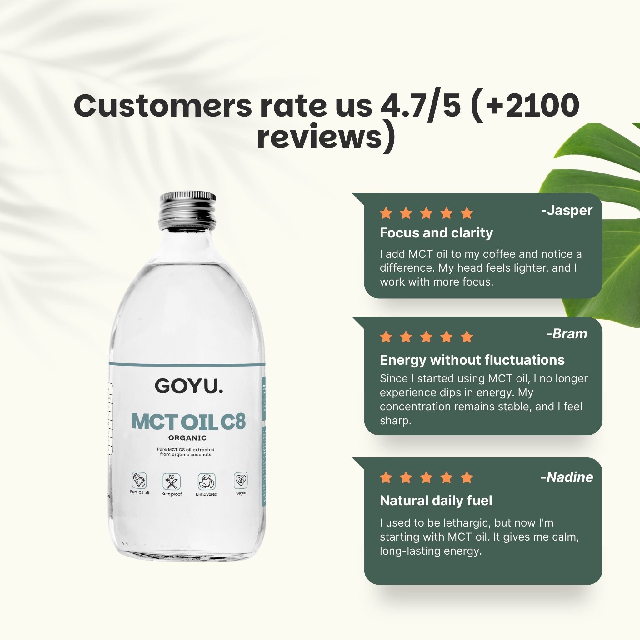 GOYU MCT Oil C8. Bouteille en verre. Avis clients : 4,7/5 étoiles. Focus, énergie, carburant quotidien.