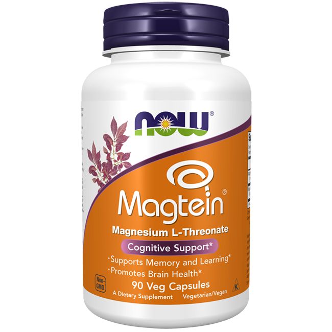 Flacon blanc, bouchon violet. Étiquette orange avec texte: Magtein, Magnesium L-Threonat, 90 Veg-Kapseln.