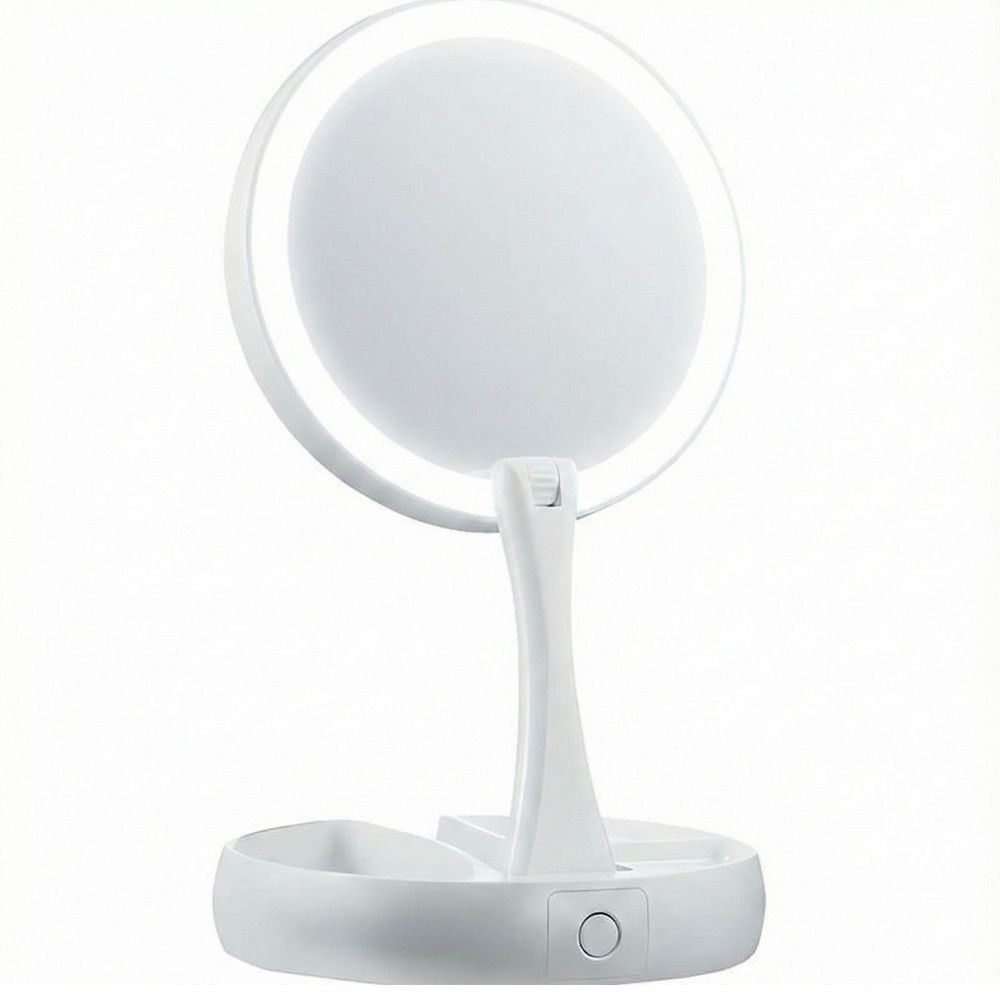 Miroir de maquillage pliable blanc avec éclairage LED et compartiment intégré.