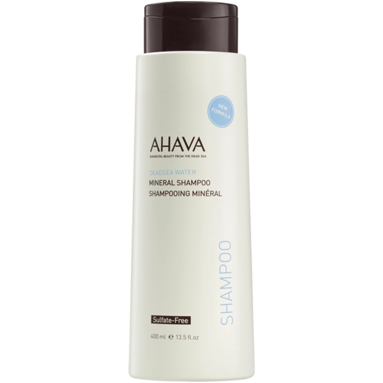 AHAVA Mineral Shampoo, 400 ml, in witte fles met bruine dop en "New Formula"-sticker.