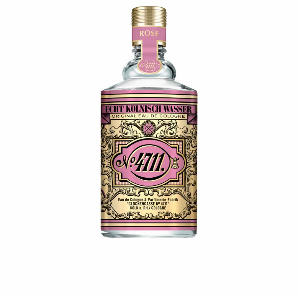 Flacon en verre avec étiquette rose, détails dorés et inscription '4711 Rose'. Bouchon doré.