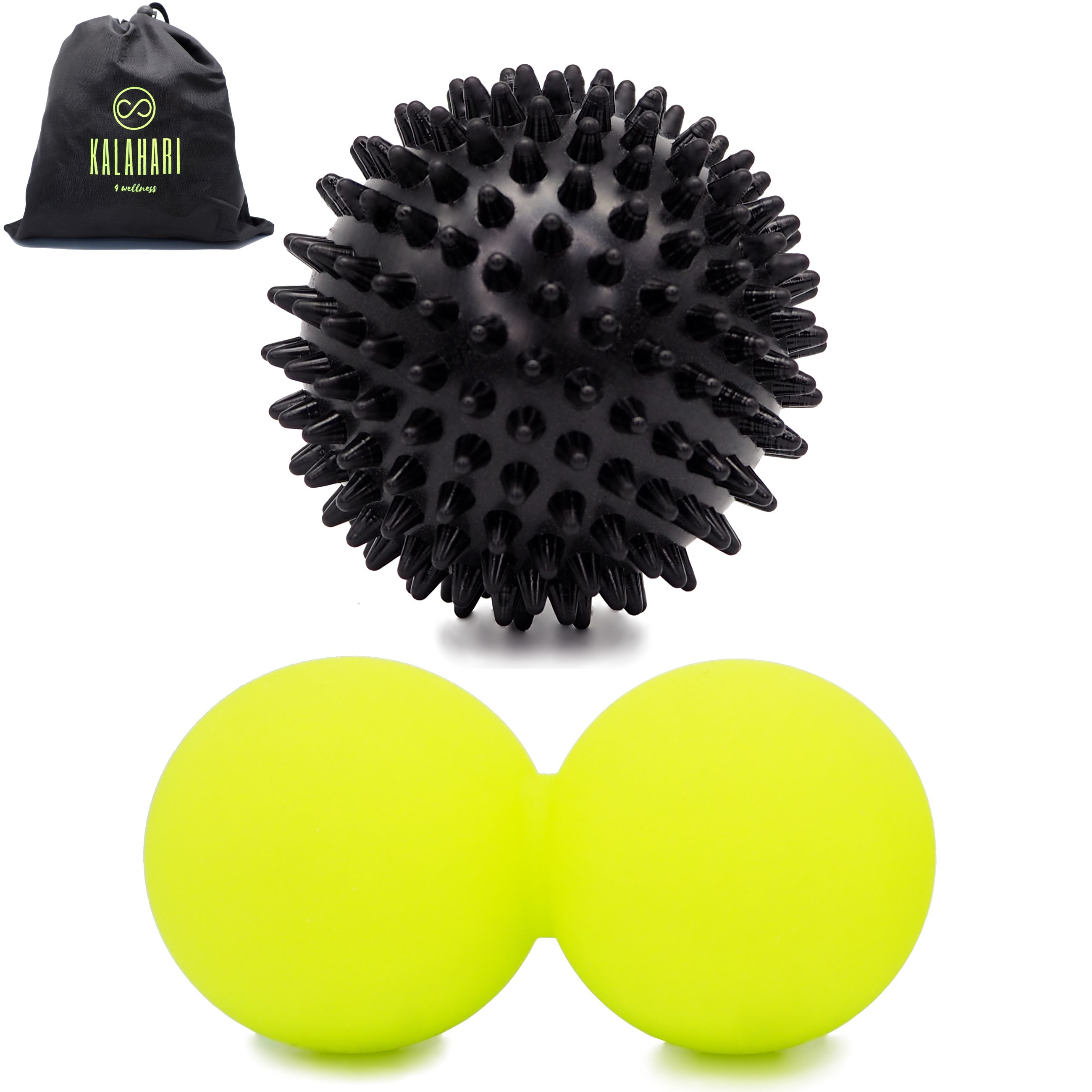 Ballon noir hérissé et ballon double jaune avec sac de transport noir.
