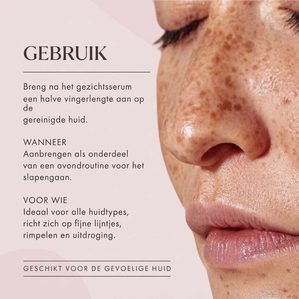 Gebruik: Serum aanbrengen, dan crème. Voor alle huidtypes, tegen fijne lijntjes en droogte.