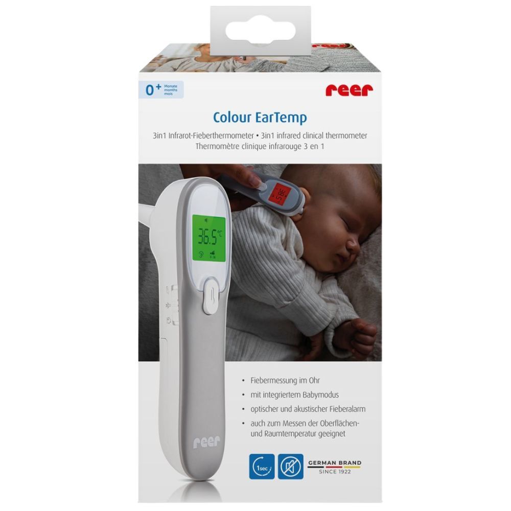 Emballage avec thermomètre auriculaire. Texte : Colour EarTemp, 3en1. Marque : reer.