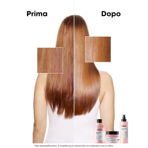 Vue des cheveux avant/après. Produits en bas: shampooing, masque, spray.