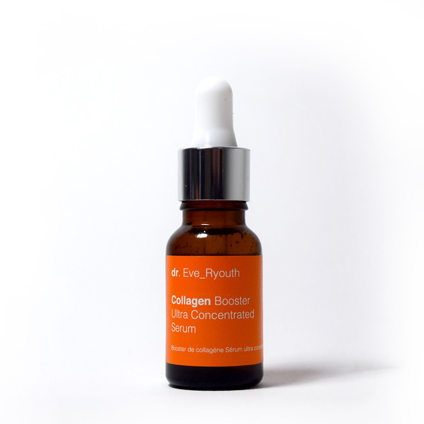 Dr. Eve_Ryouth collageenbooster serum in bruine glazen fles met pipet. Vooraanzicht.