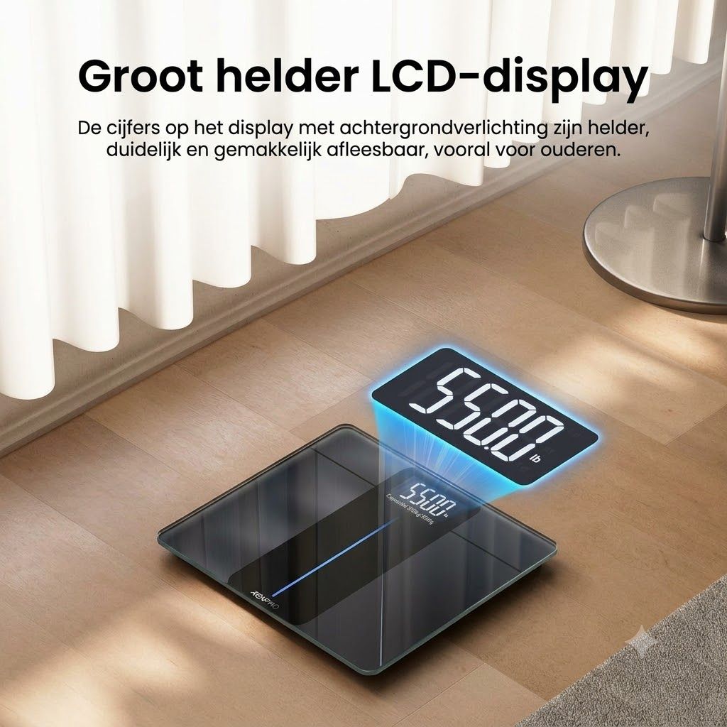 Zwarte digitale personenweegschaal met groot, verlicht LCD-display waarop 55.00 wordt weergegeven.