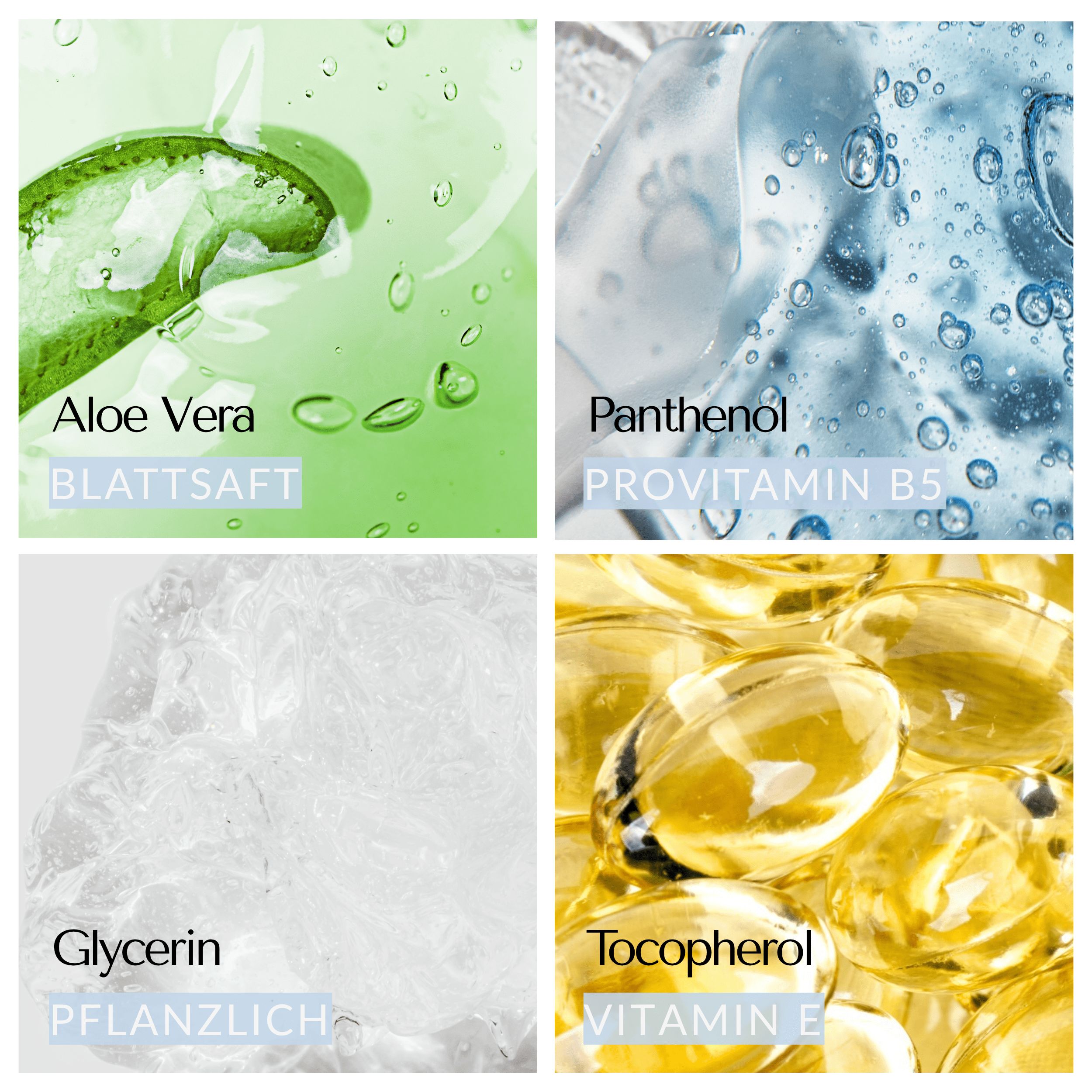 Close-ups van Aloë Vera, Panthenol, Glycerine en Tocoferol. Labels: Bladsap, Pro-vitamine B5, plantaardig, Vitamine E.
