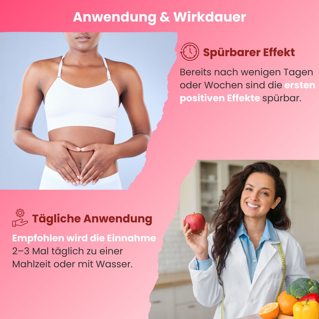 Sectie: Gebruik & werkingsduur. Afbeeldingen van vrouw met buik en arts met fruit. Tekst over inname.