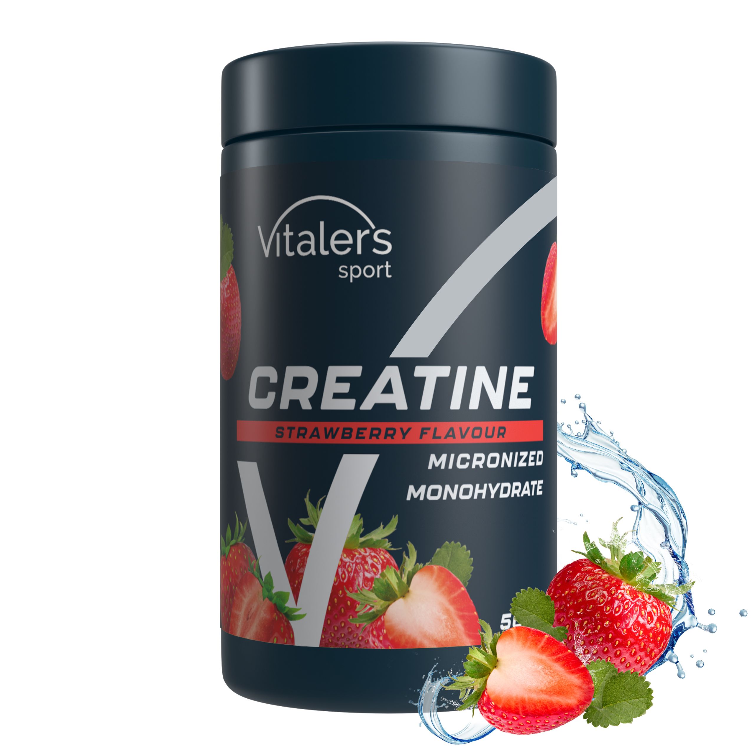 Donker vat met etiket 'Vitaler’s Sport Creatine Monohydraat Aardbeiensmaak', omgeven door aardbeien en waterspetters.