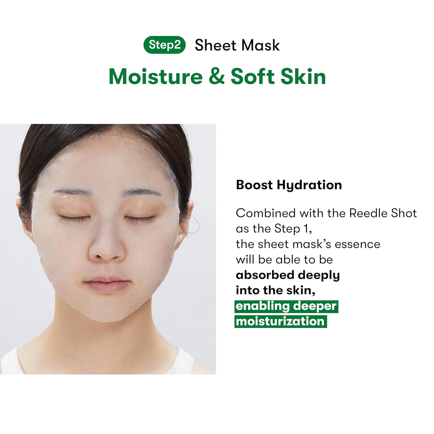 Femme avec masque en feuille. Texte : Step 2 Sheet Mask. Boost Hydration. Description des ingrédients.
