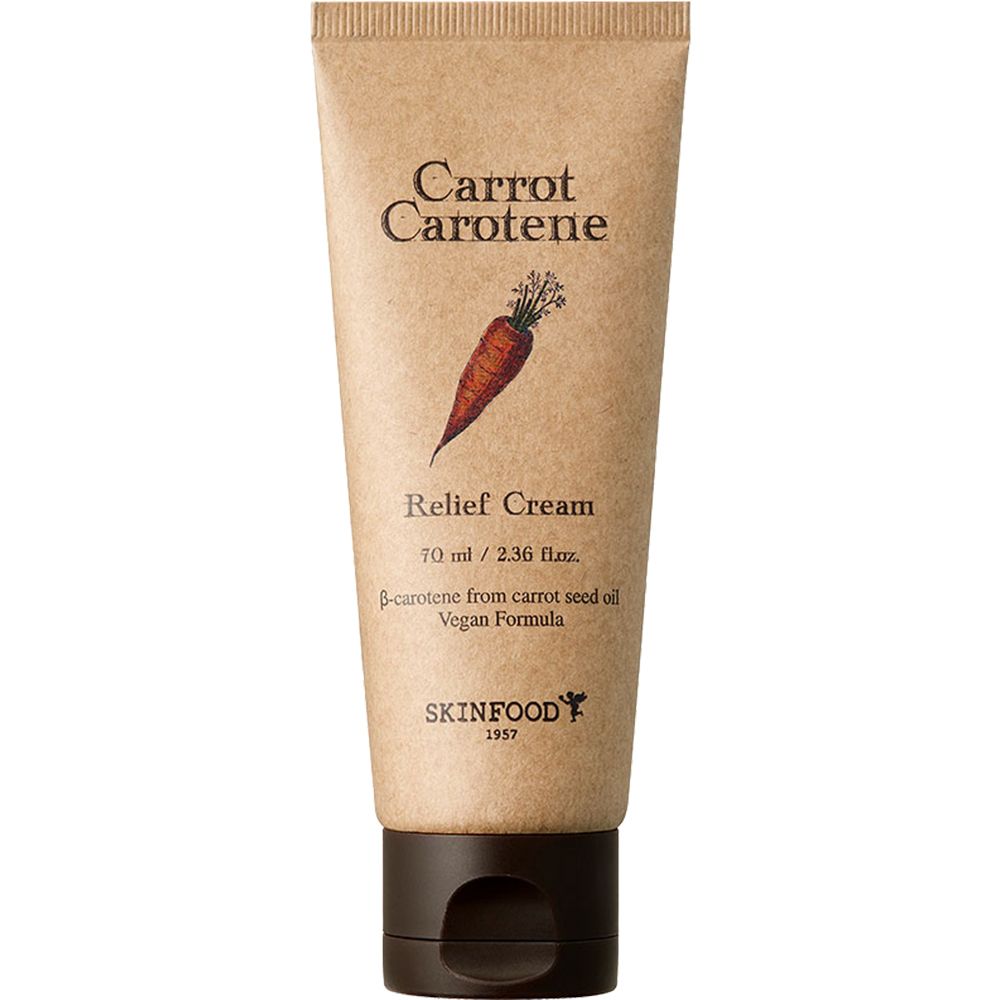 Tube beige avec bouchon marron. Inscription : Carrot Carotene, Relief Cream, illustration de carotte, logo SKINFOOD.