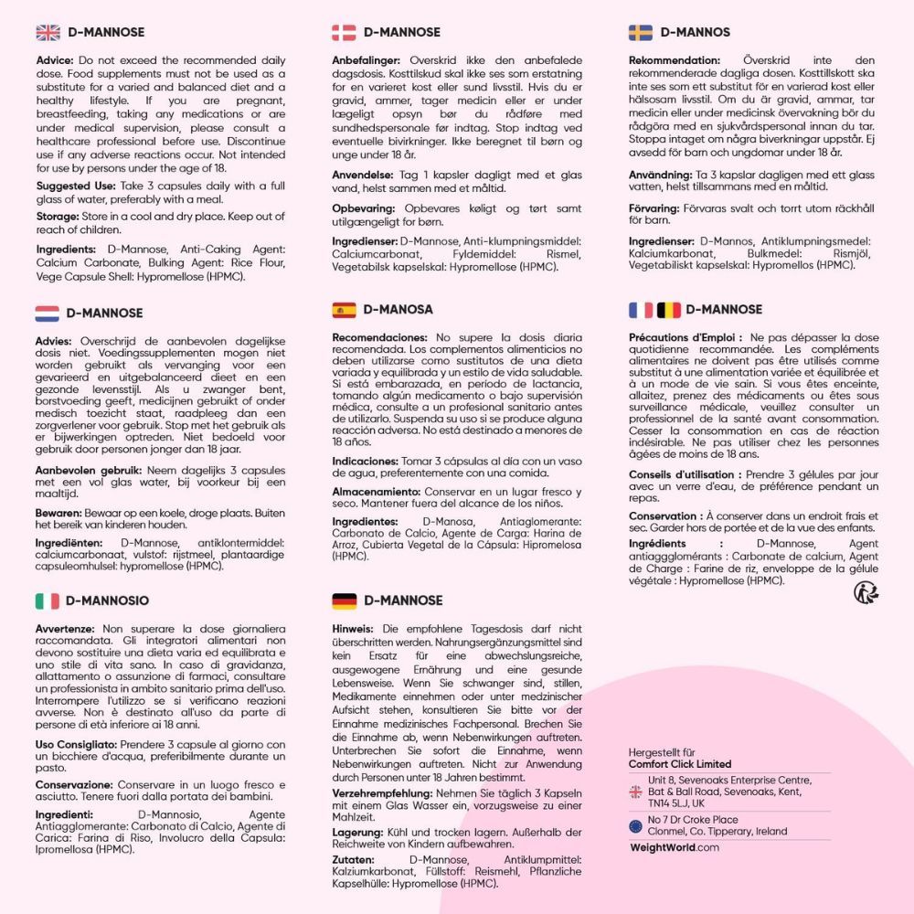 Tekst: D-Mannose, instructies, ingrediënten, nettogewicht. Fles met capsules.