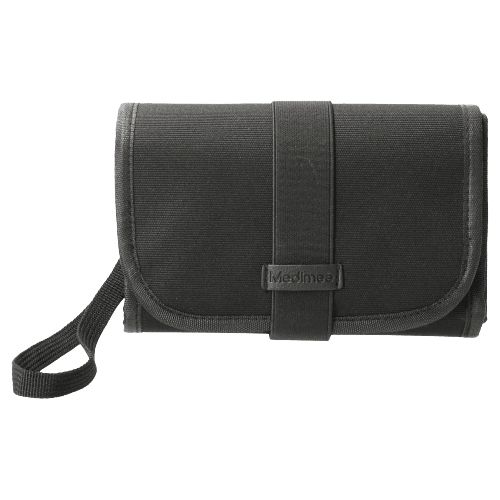 Trousse de toilette noire fermée, avec fermeture velcro et logo "medimee".