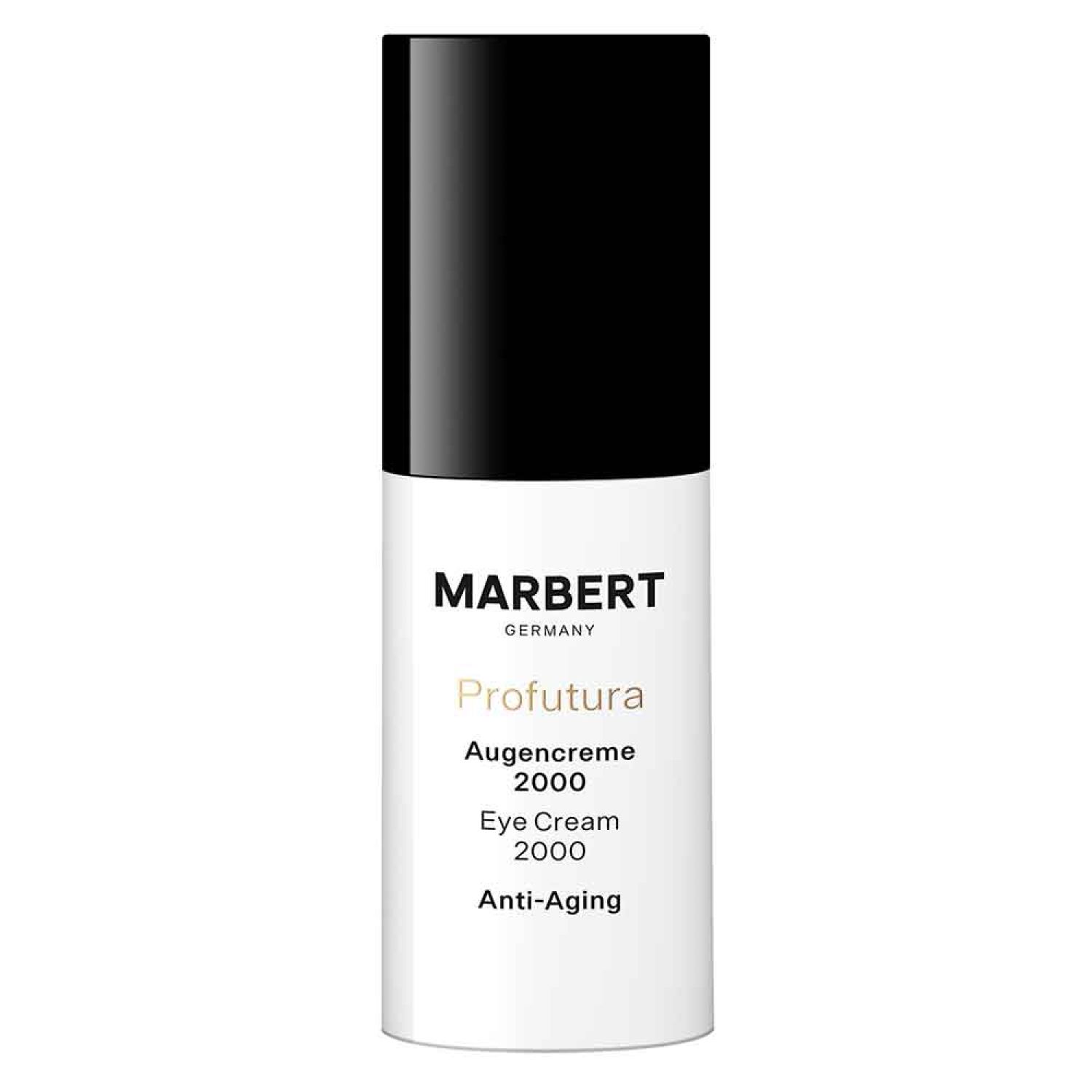 Tube de crème pour les yeux cylindrique avec bouchon noir. Inscription: MARBERT, Profutura, Augencreme 2000, Eye Cream 2000, Anti-Aging.