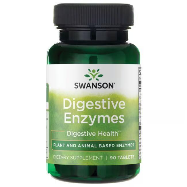 Flacon vert avec bouchon noir. Inscription: SWANSON Digestive Enzymes, 90 comprimés. Enzymes végétales et animales.