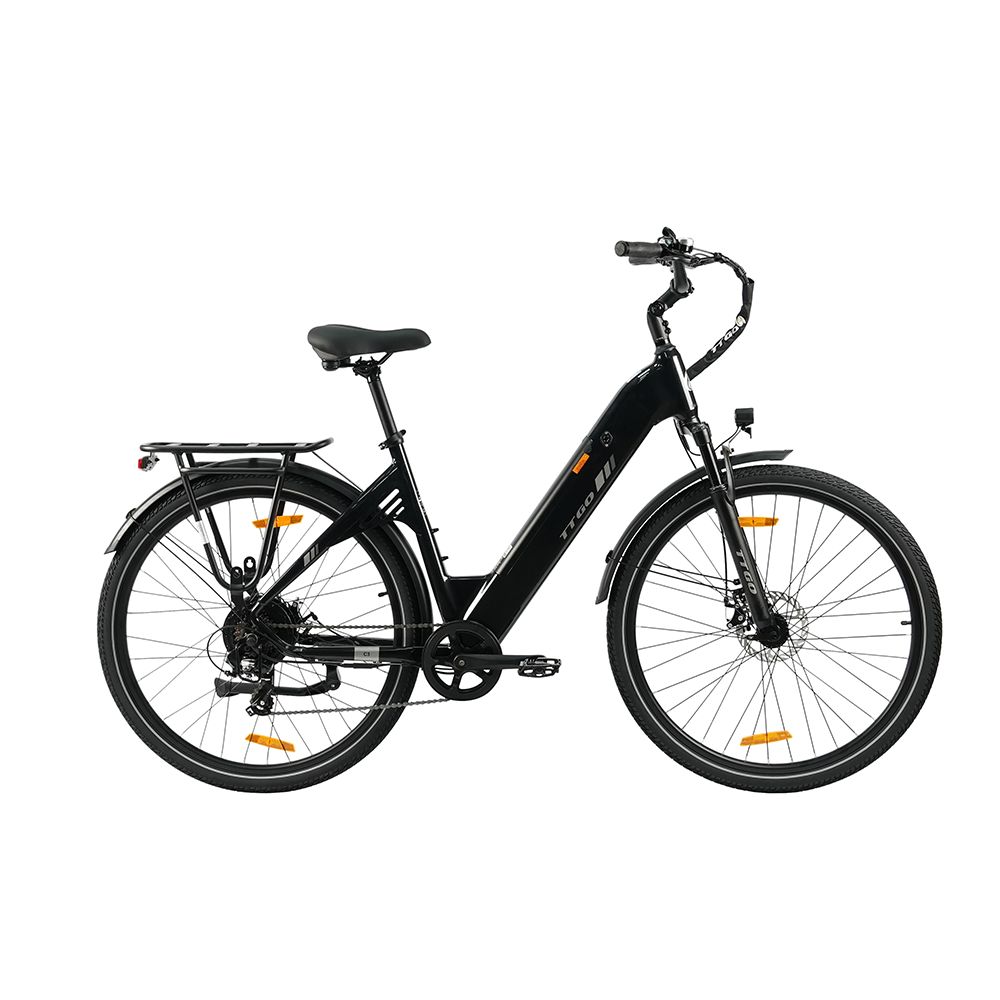 Vélo électrique noir avec porte-bagages, garde-boue et éclairage. TTGO C3 SE.
