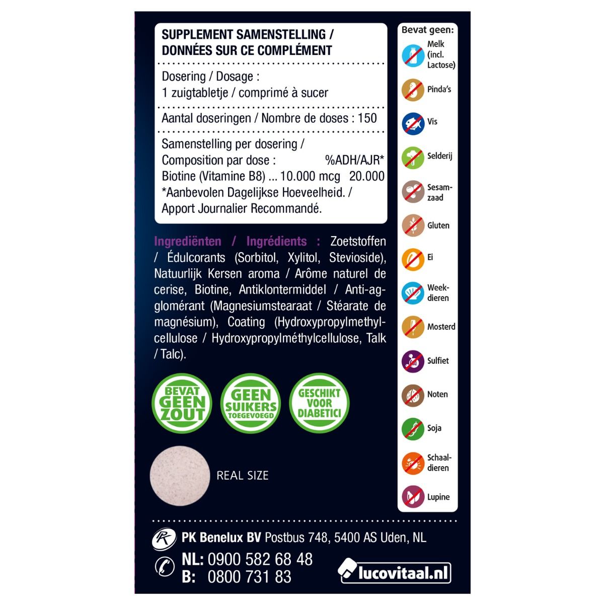 Dos de l'emballage Biotine Forte. Contient des informations sur les ingrédients, le dosage et les allergènes. Texte en néerlandais et français.
