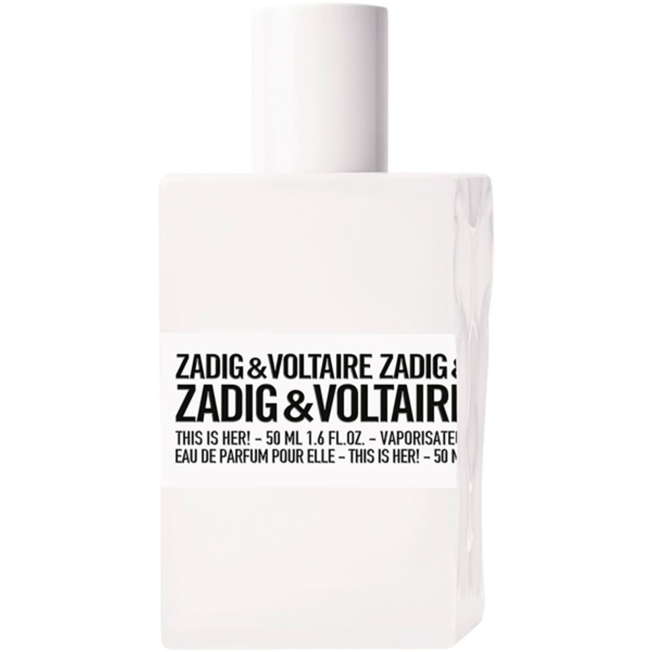 Witte fles met witte dop. Etiket met merknaam en productnaam. Tekst: Eau de Parfum pour elle.