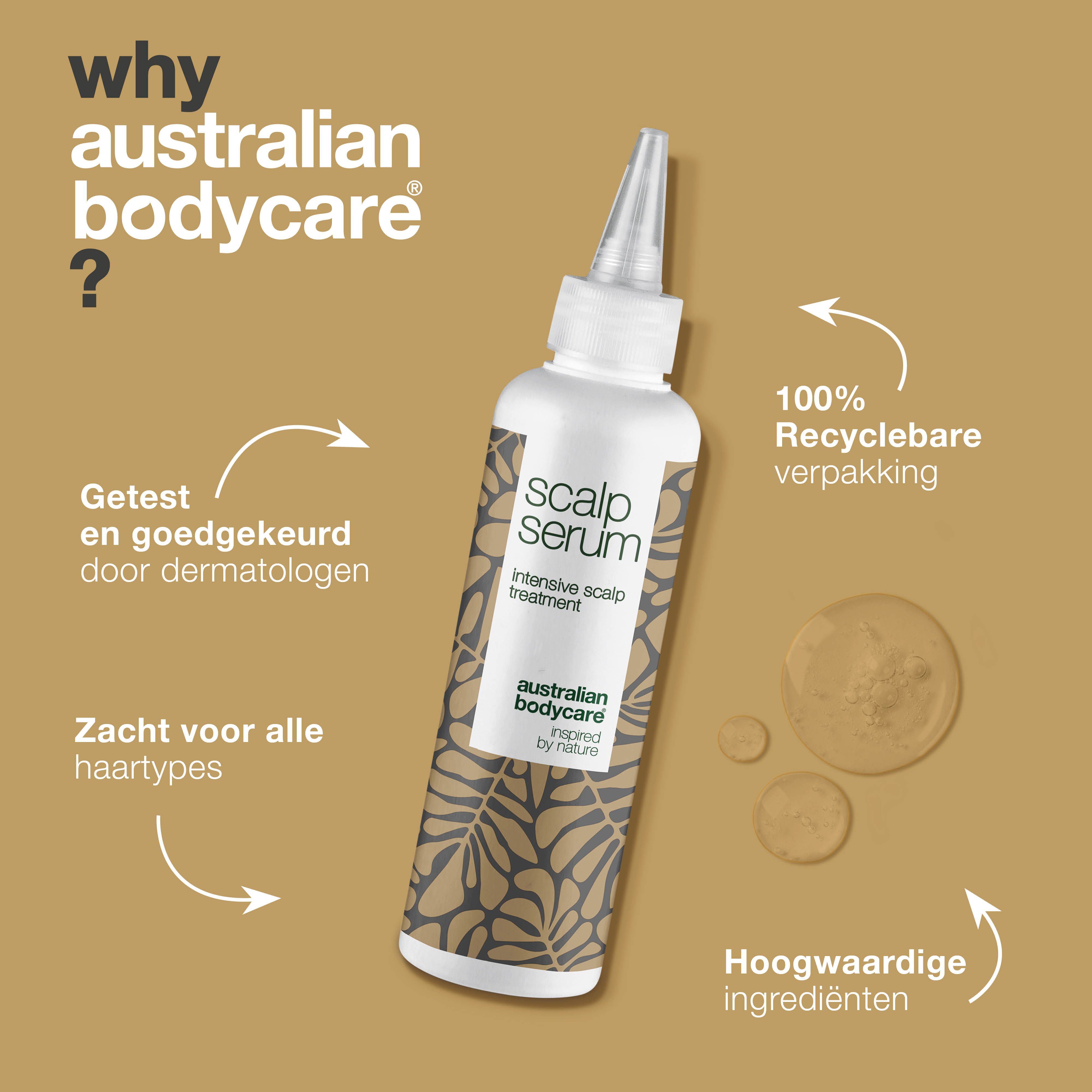 Grafiek: Waarom Australian Bodycare? Dermatologisch getest, zacht voor alle haartypes. Flesje: Scalp Serum.