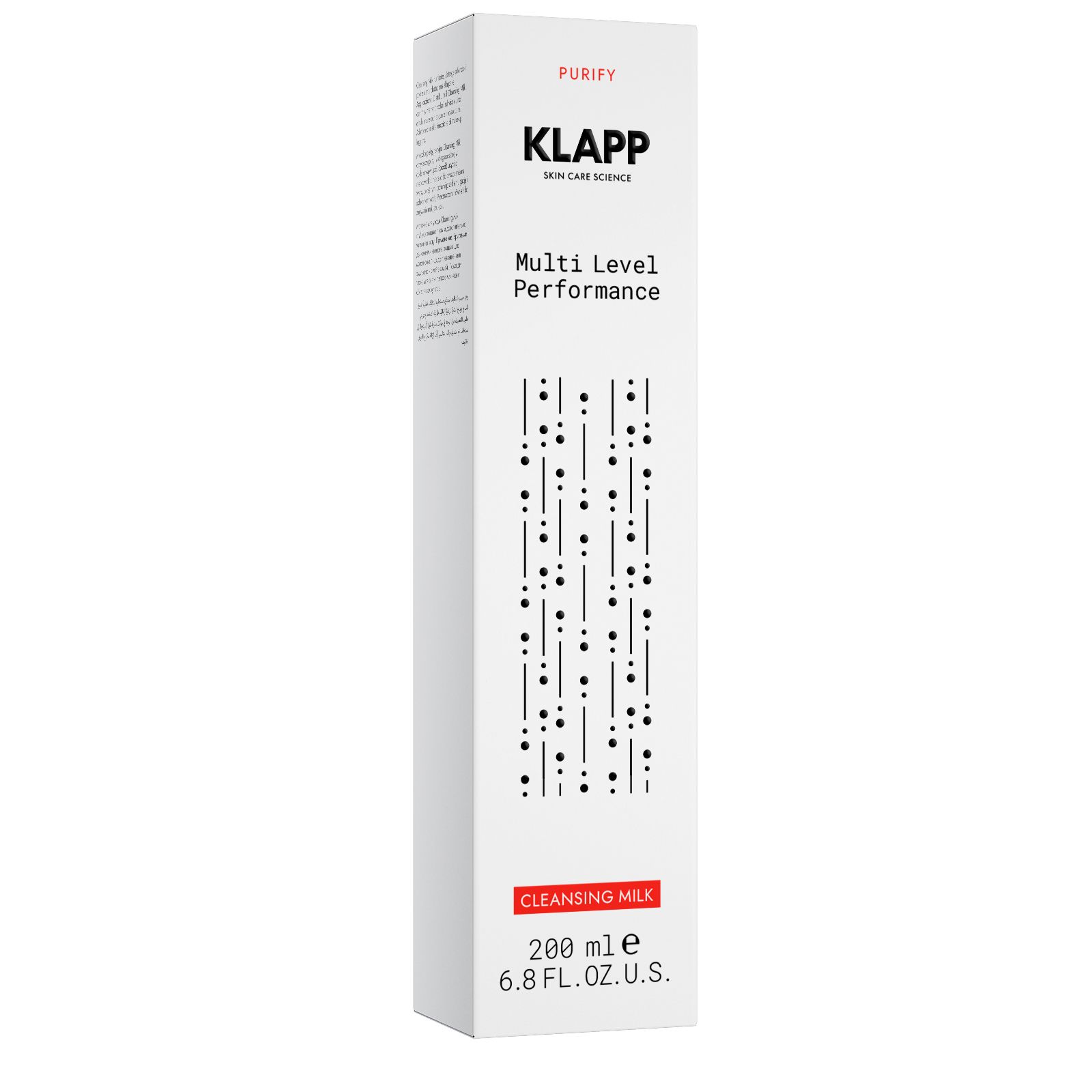 Klapp Multi Level Performance Cleansing Milk. Witte verpakking met tekst en grafische elementen. Bevat PURIFY, KLAPP, CLEANSING MILK.