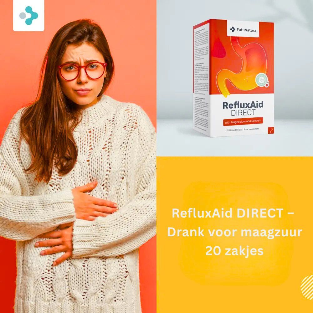 Vrouw met buikpijn naast RefluxAid DIRECT verpakking, 20 zakjes.