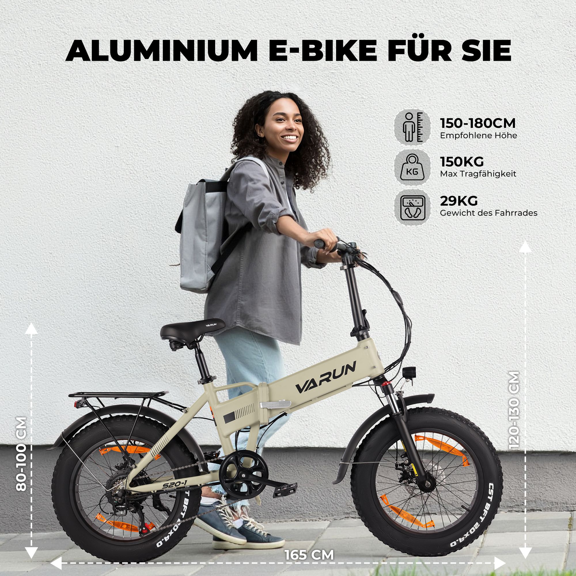 Vélo électrique avec personne. Cadre beige, détails noirs. Dimensions : 150-180cm, 150kg max. poids, 29kg poids.