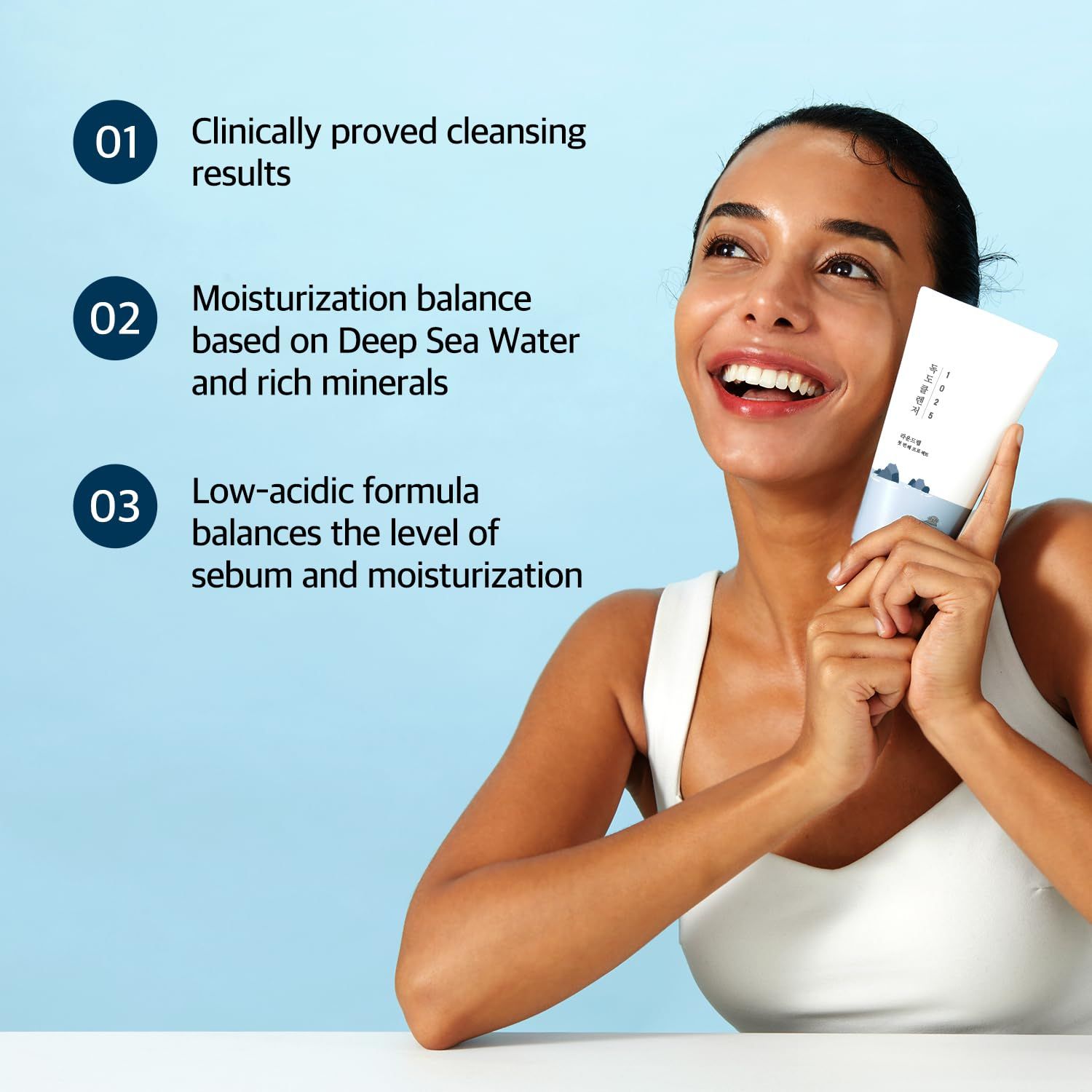 Vrouw houdt tube vast. Tekst: 'Clinically proved...'. Blauwe achtergrond. Productnaam niet aangegeven.