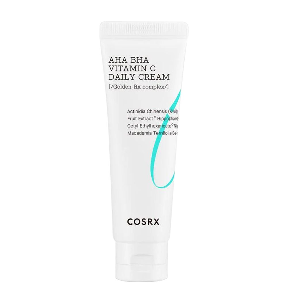 Tube blanche de COSRX AHA BHA Vitamin C Daily Cream. Contient des ingrédients comme l'extrait de fruit d'Actinidia Chinensis.