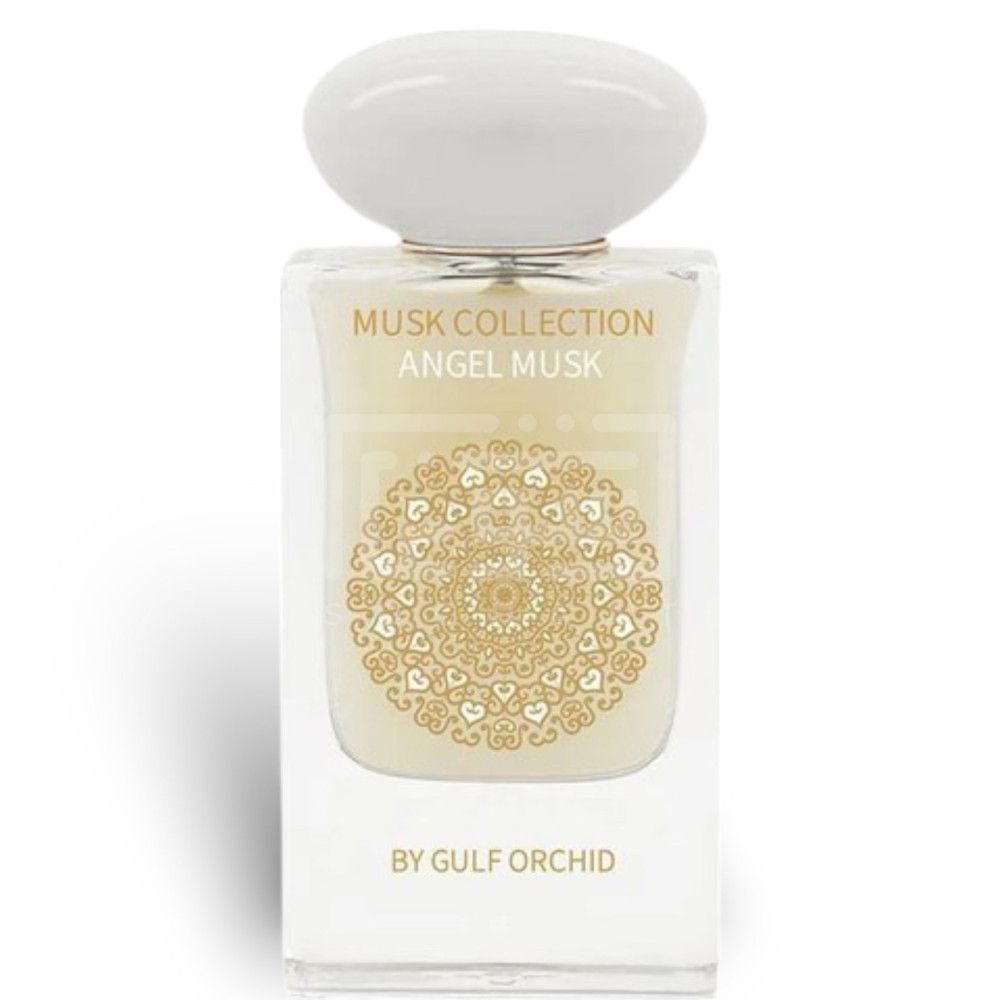 Parfumfles met witte dop. Opschrift: Musk Collection Angel Musk. Gouden patroon eronder. Onderaan: BY GULF ORCHID.