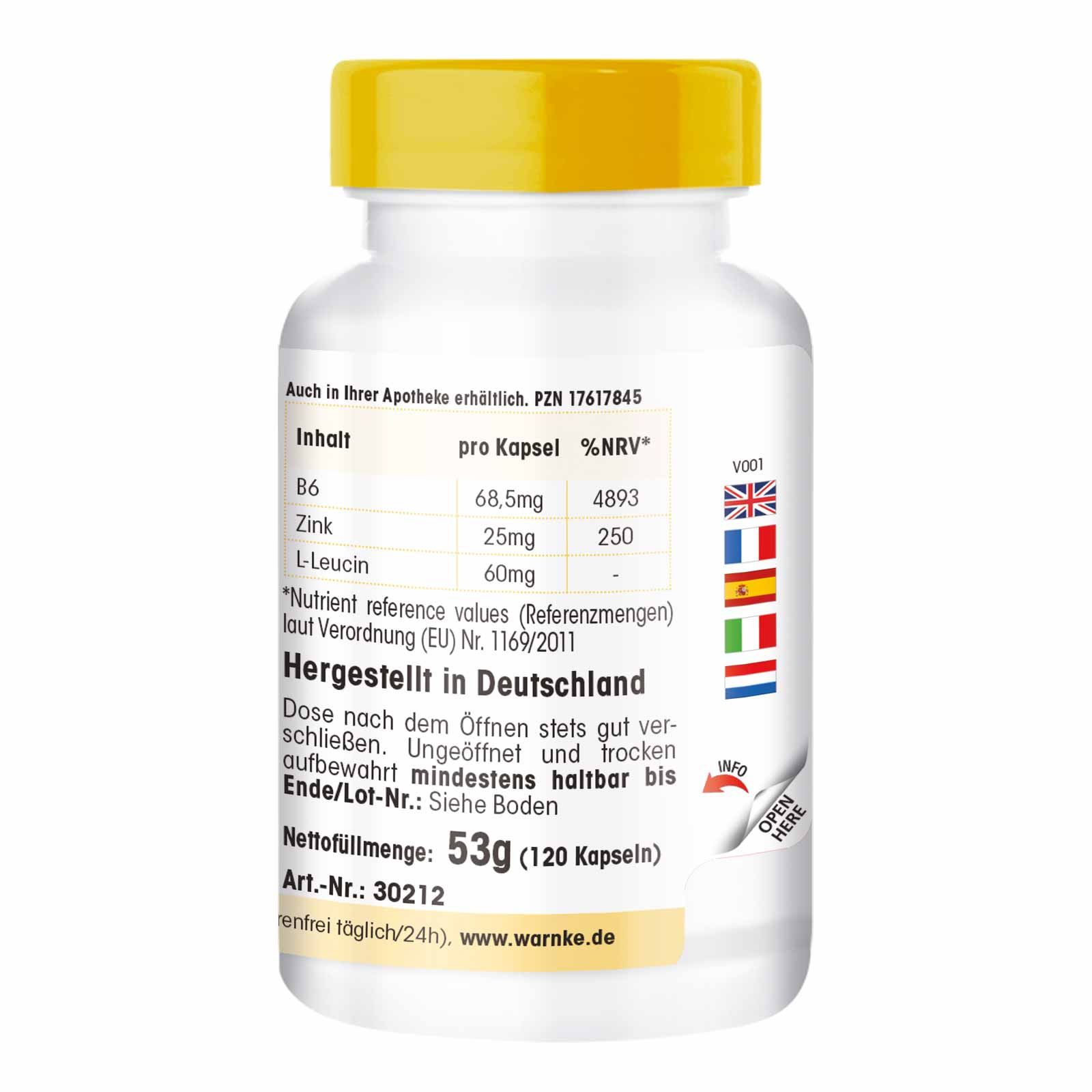 Fles met gele dop. Tekst: Inhoud per capsule, %RV, Geproduceerd in Duitsland, Netto gewicht 53g (120 capsules).