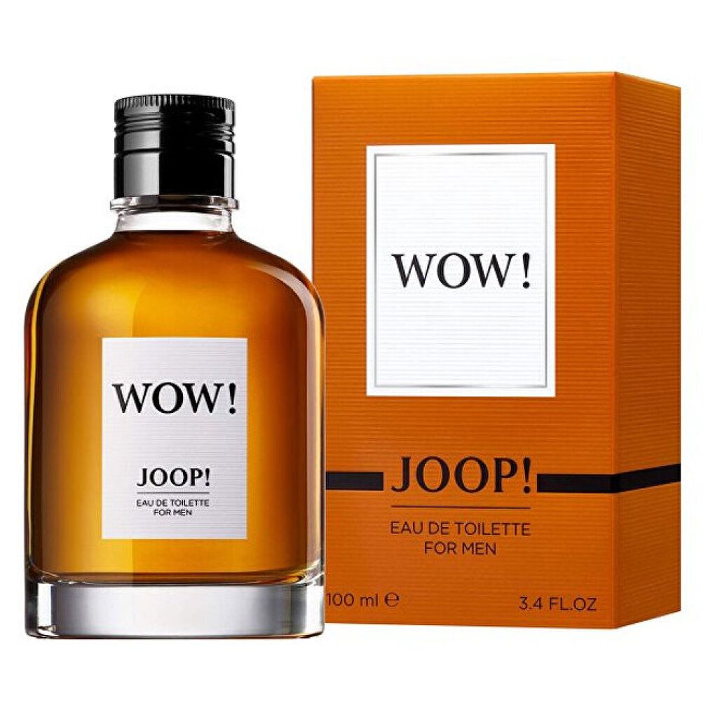 Flacon Joop! Wow EdT et emballage. Flacon avec bouchon noir, emballage orange avec texte blanc.