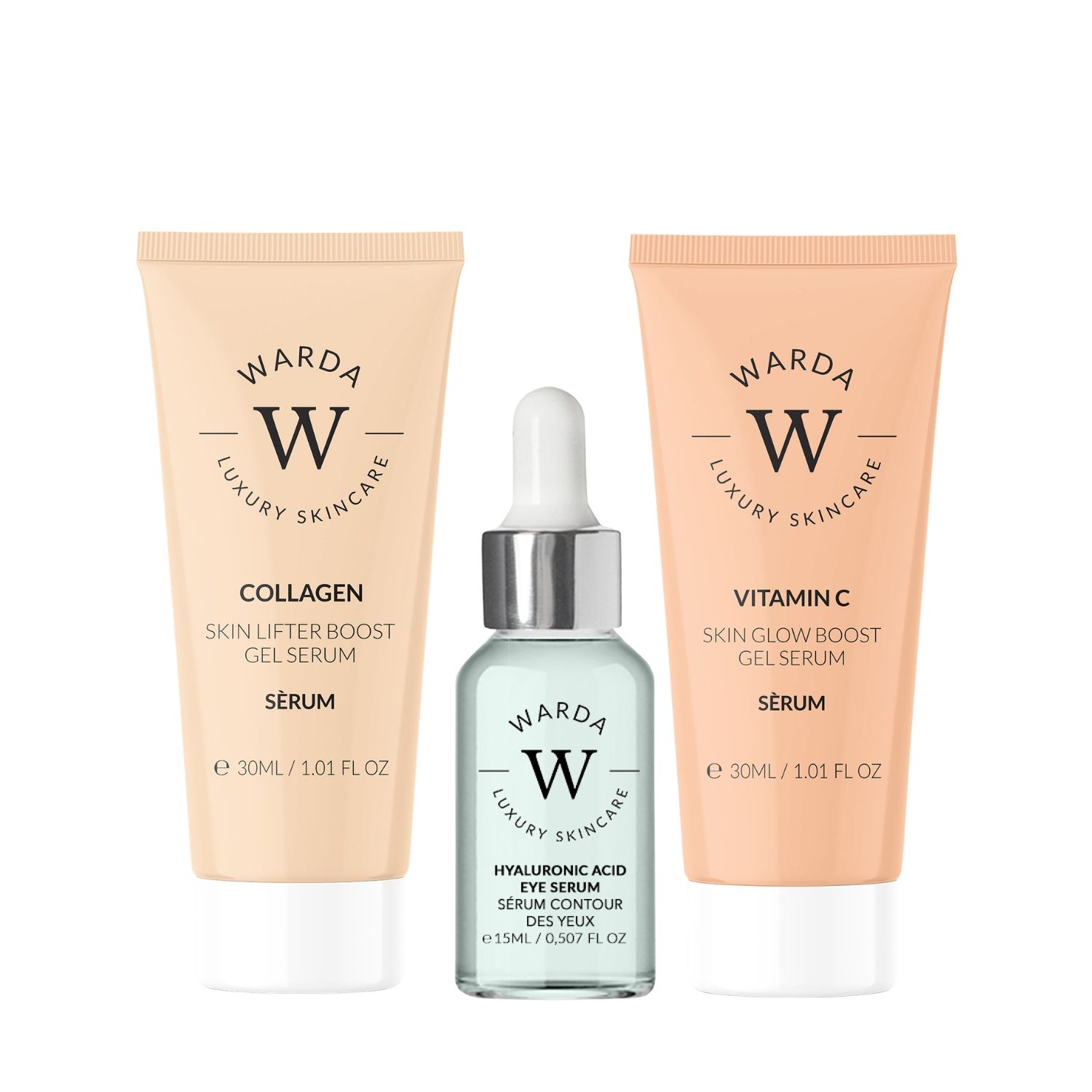 Warda Luxury Skincare set. Drie producten: twee tubes, een flacon. Collageen, Vitamine C, Hyaluronzuur. Wit logo.