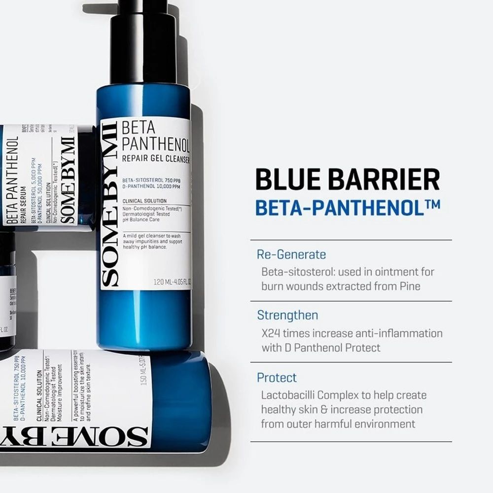 Plusieurs flacons bleus avec pompe noire. Inscription: Beta Panthenol Repair Gel Cleanser. Marque: SOMEBYMI.