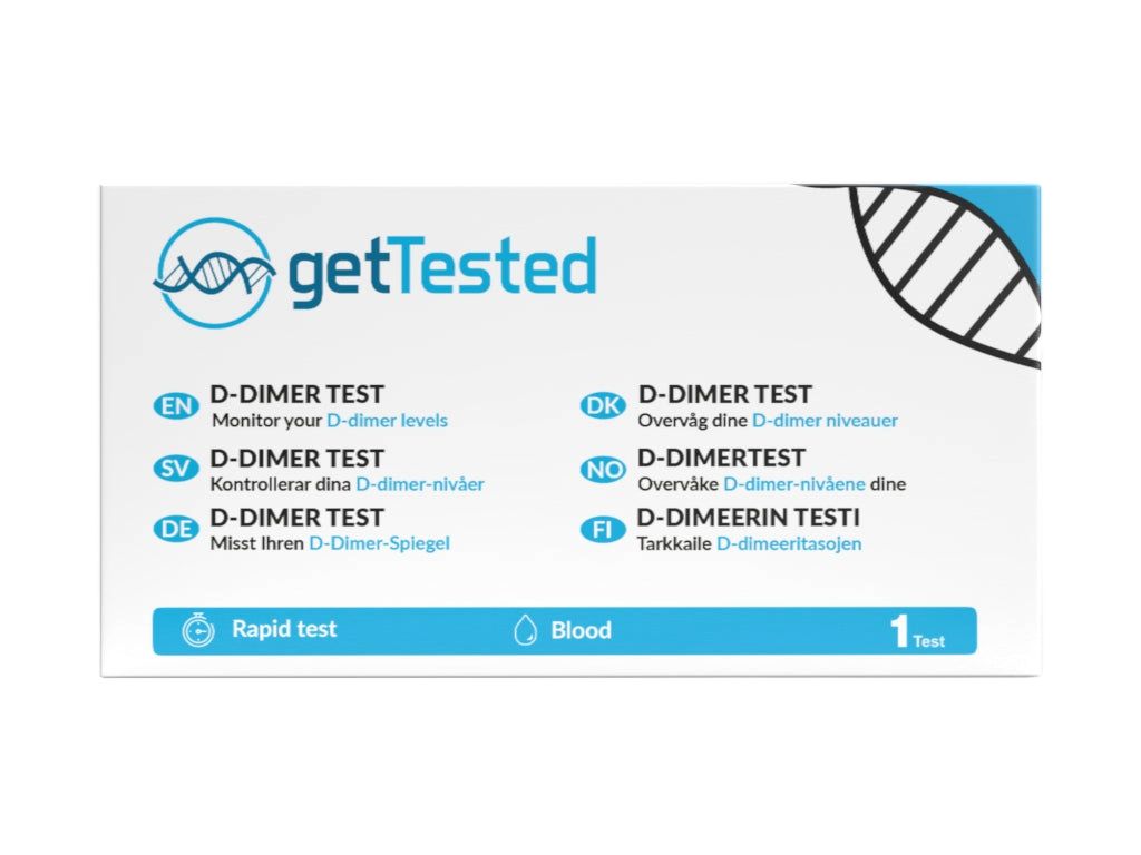 Boîte de test GetTested D-dimères. Contient test, test rapide, sang. Étiquetage multilingue : test D-dimères en plusieurs langues.