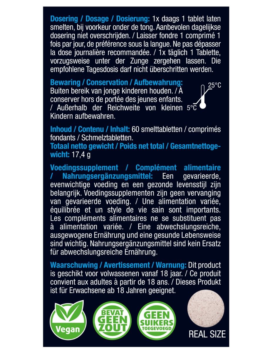 Texte sur fond bleu. Contient des informations sur le dosage, la conservation et les avertissements. Sceau végétalien.