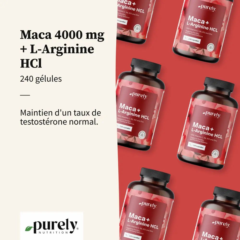 Plusieurs flacons avec inscription: Maca 4000 mg + L-Arginine HCl, 240 gélules. Fond rouge. Logo: Purely Nutrition.