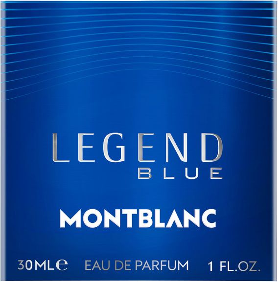 Blauwe doos. Opschrift: LEGEND BLUE, MONTBLANC, 30ml Eau de Parfum, 1 Fl.oz.