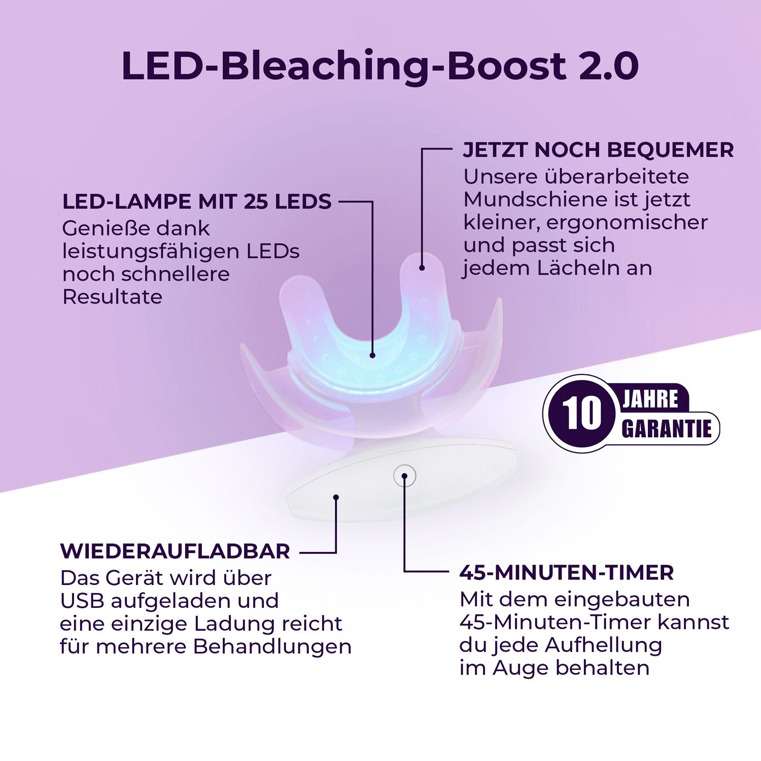 LED-Blanchiment-Boost 2.0. Lampe LED avec 25 LED. Rechargeable. Minuteur 45 minutes. 10 ans de garantie.