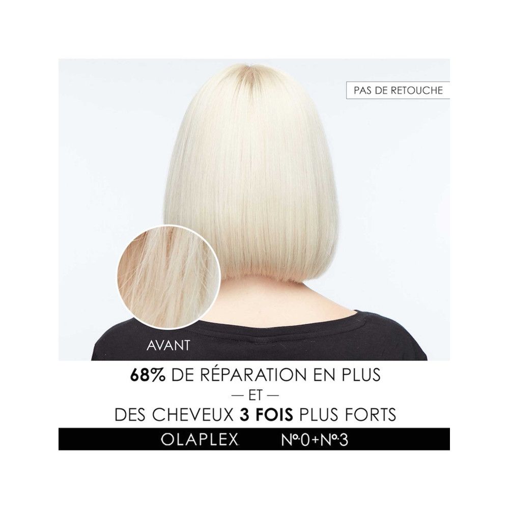 Vue arrière d'une femme aux cheveux blonds. Inscription : OLAPLEX N°0+N°3. Texte : 68% de réparation, 3x plus fort.