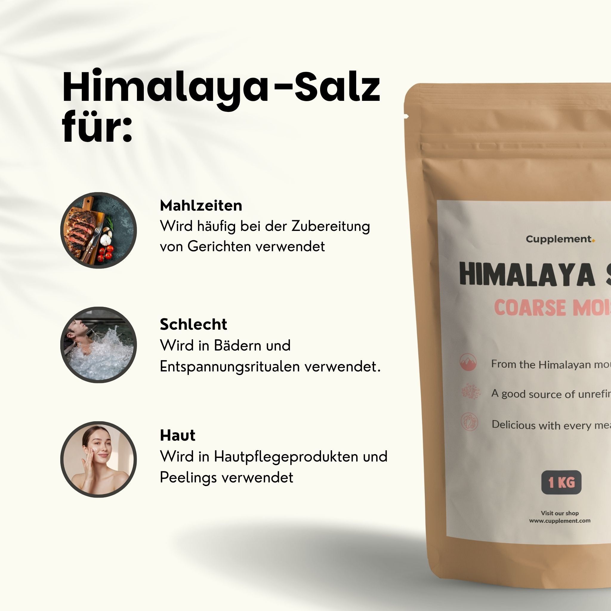 Sel de l'Himalaya pour les repas, les bains et les soins de la peau. Sachet de 1kg, gros grains.