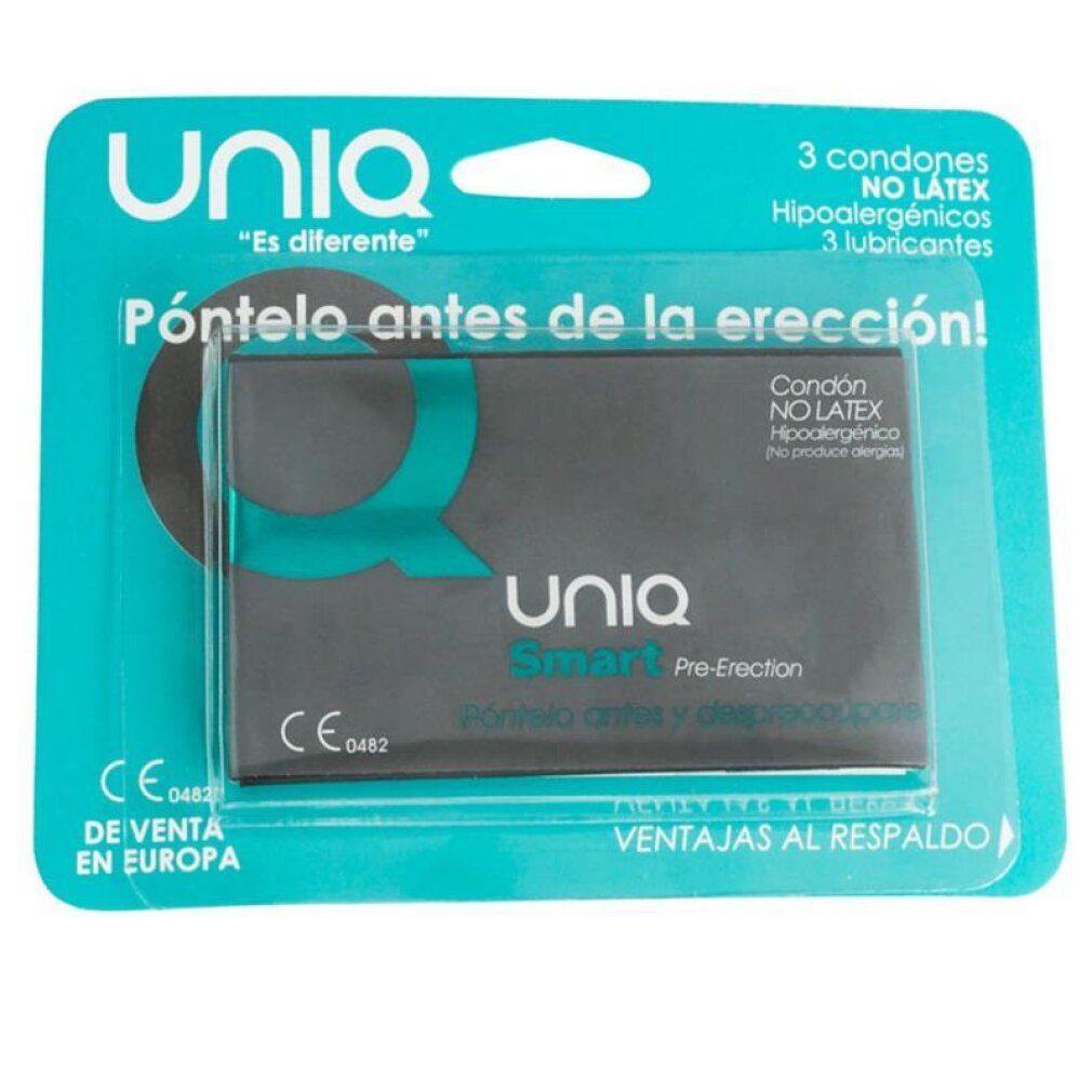 Emballage de 3 préservatifs UNIQ Smart, sans latex, hypoallergéniques.