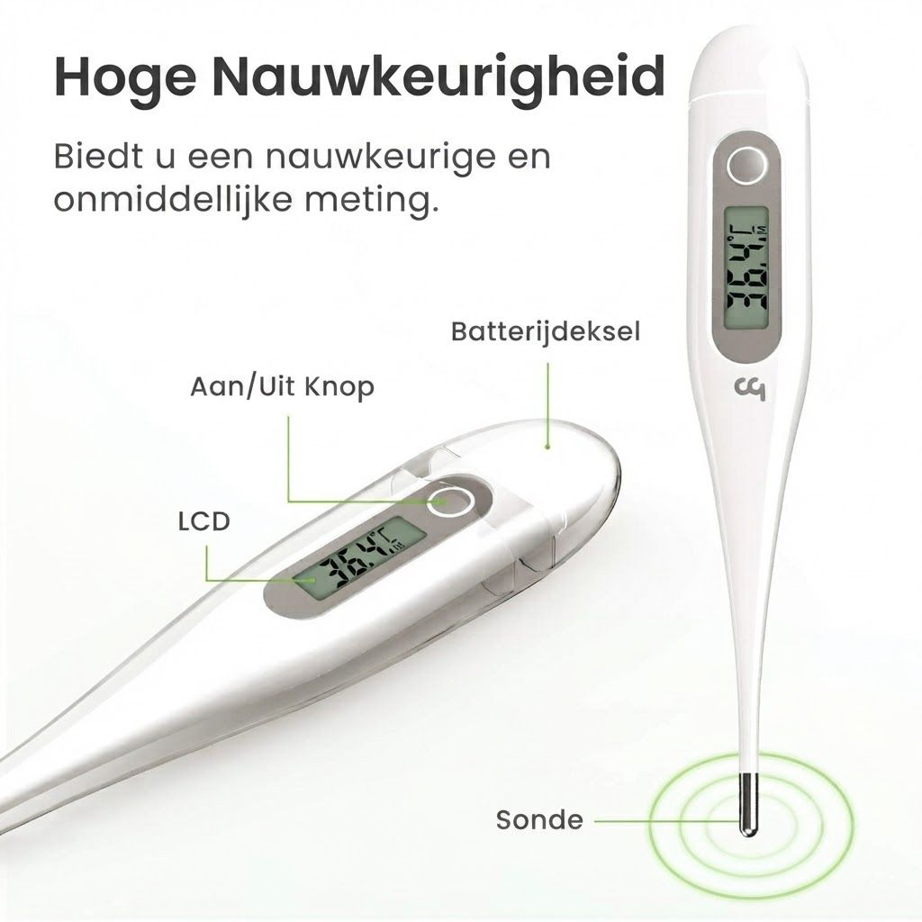 Digitale thermometer met LCD-scherm, aan/uit-knop, batterijklep en sonde. Weergegeven waarde: 36,4°C.